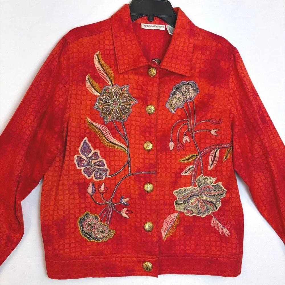 Vintage Drapers & Damons Red Floral Embroidered Button Front Jacket Large Loud‎